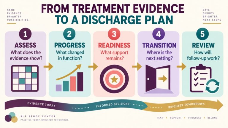 Discharge criteria speech therapy infographic showing context, evidence, and proportionate next steps