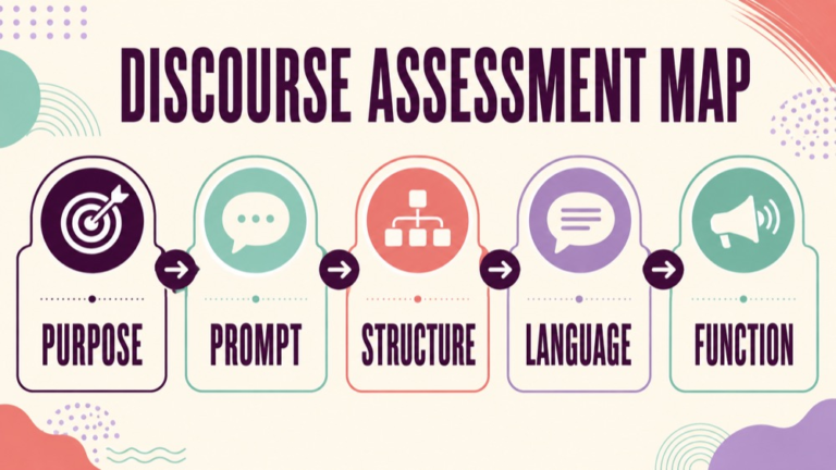 Discourse assessment map connecting discourse type, elicitation, macrostructure, microstructure, context, and function