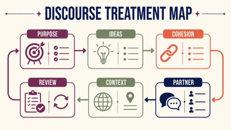 Discourse treatment aphasia concept map showing the core domains and clinical questions