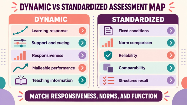 Dynamic vs standardized assessment concept map showing the core domains and clinical questions