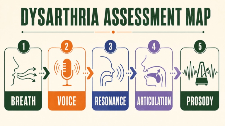 Dysarthria assessment map connecting history, speech subsystems, oral findings, speech samples, listener access, and referral