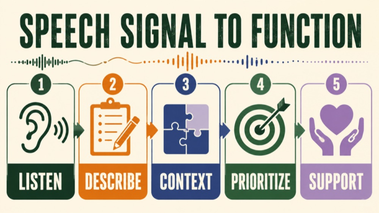 Dysarthria assessment infographic showing the path from speech subsystems to an integrated communication plan