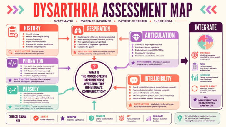 Dysarthria assessment tools concept map showing the core assessment domains and clinical questions