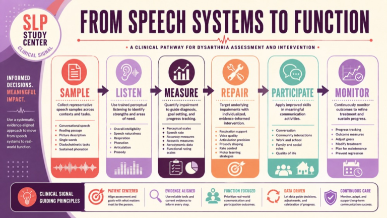 Dysarthria assessment tools infographic showing context, evidence, and proportionate next steps