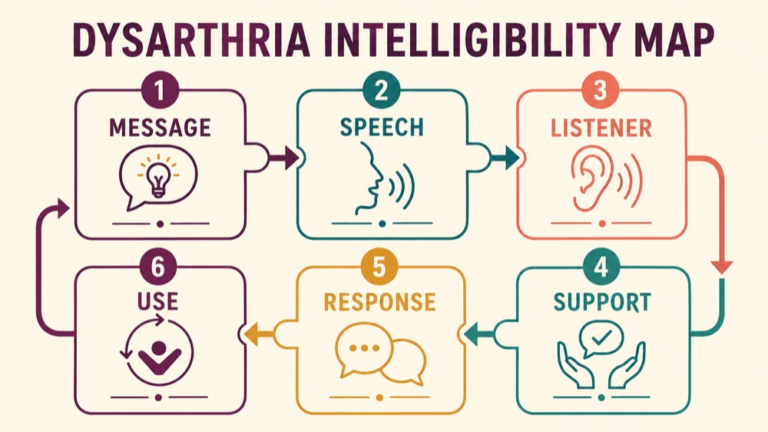Dysarthria intelligibility treatment concept map showing the core domains and clinical questions