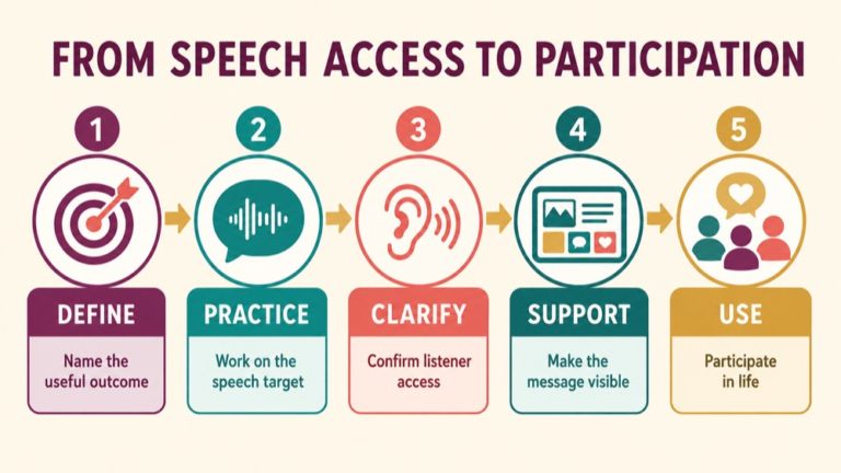 Dysarthria intelligibility treatment infographic showing context, evidence, and proportionate next steps