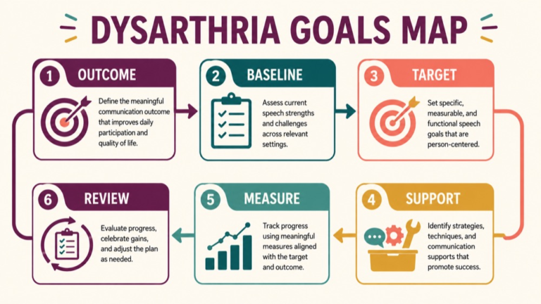 Dysarthria therapy goals concept map showing the core domains and clinical questions