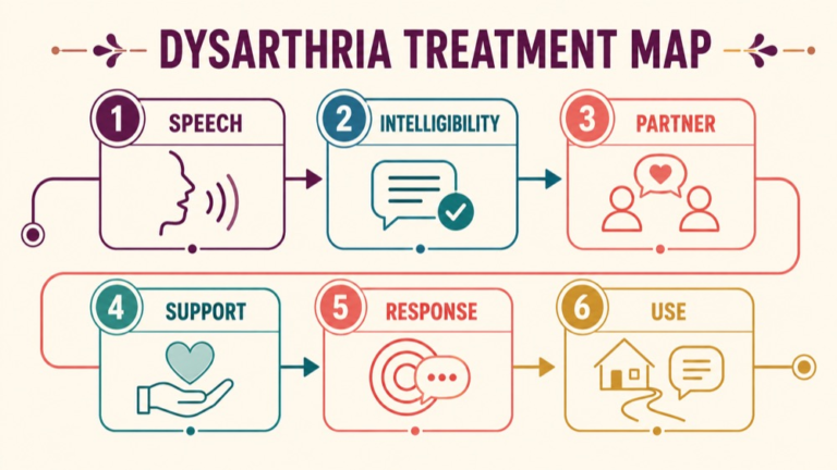 Dysarthria treatment concept map showing the core domains and clinical questions