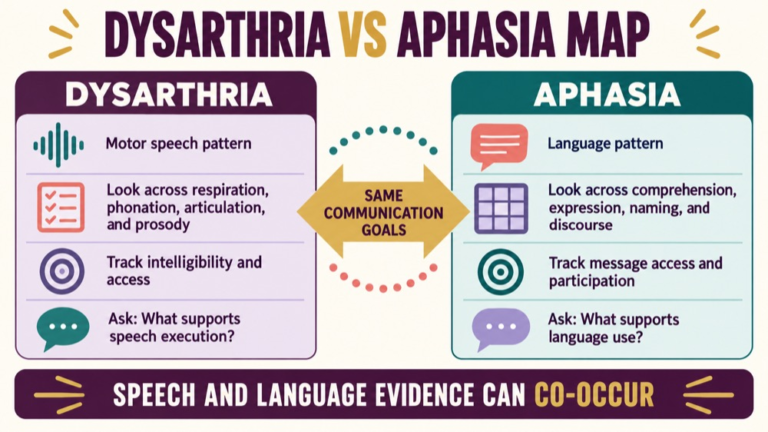 Dysarthria vs aphasia concept map showing the core domains and clinical questions