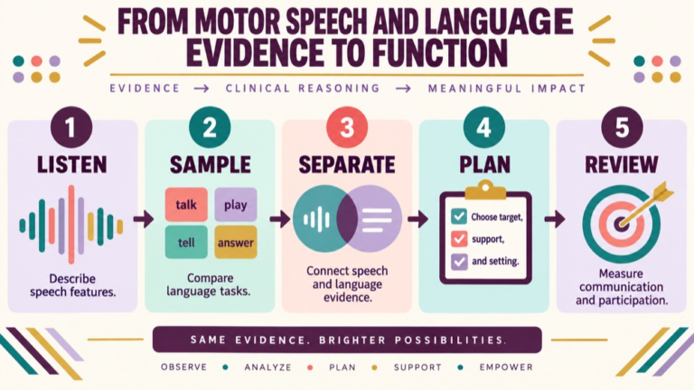 Dysarthria vs aphasia infographic showing context, evidence, and proportionate next steps