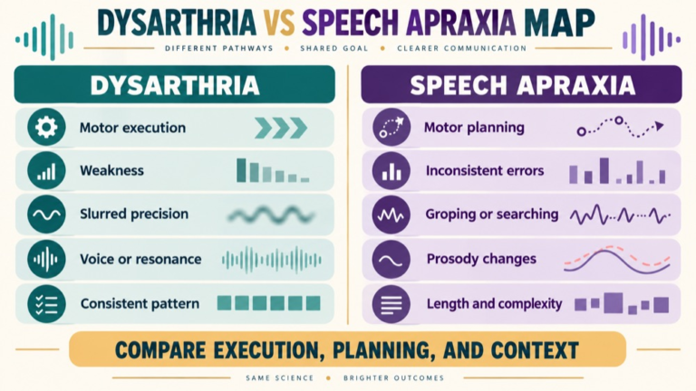 Dysarthria vs speech apraxia concept map showing the core domains and clinical questions
