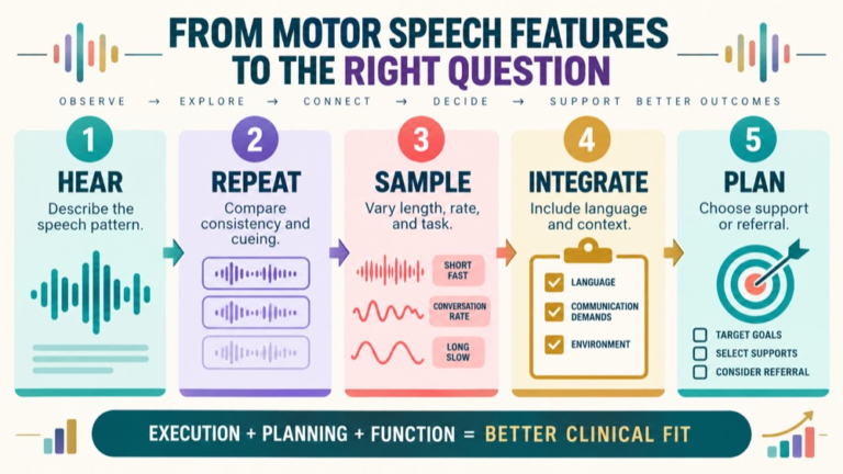 Dysarthria vs speech apraxia infographic showing context, evidence, and proportionate next steps