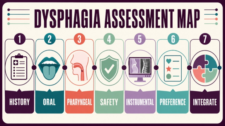 Dysphagia assessment tools concept map showing the core assessment domains and clinical questions