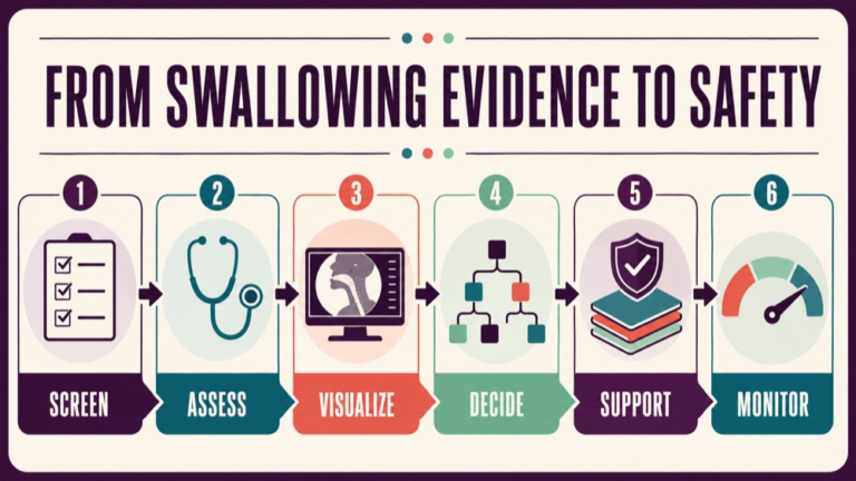 Dysphagia assessment tools infographic showing context, evidence, and proportionate next steps