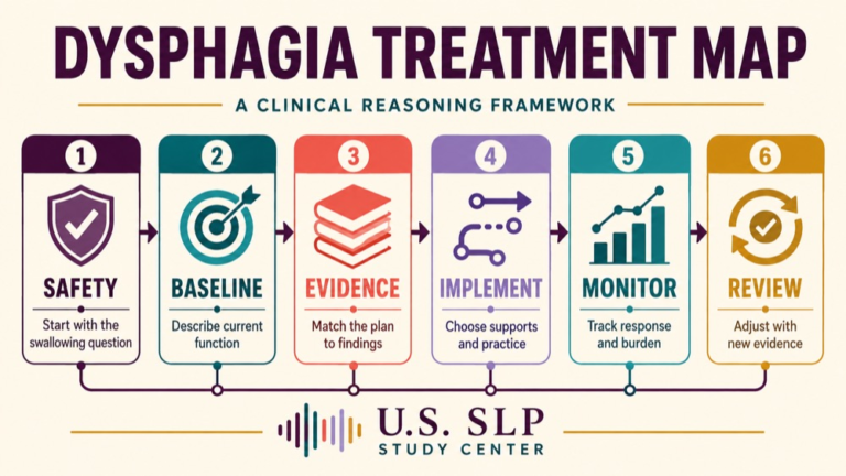 Dysphagia treatment concept map showing the core domains and clinical questions