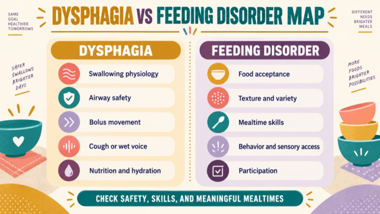Dysphagia vs feeding disorder concept map showing the core domains and clinical questions