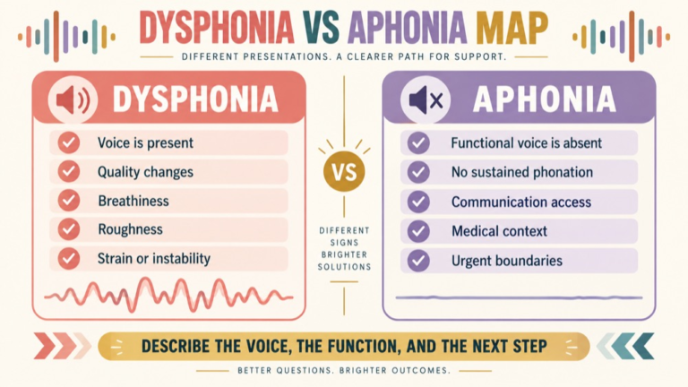 Dysphonia vs aphonia concept map showing the core domains and clinical questions