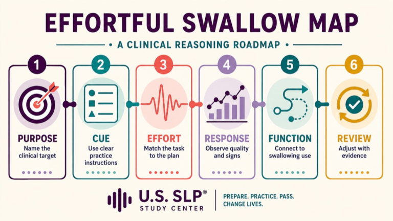 Effortful swallow concept map showing the core domains and clinical questions