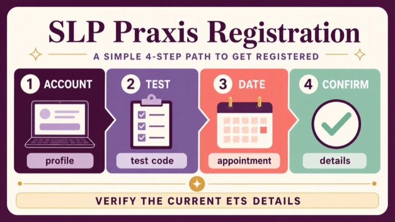 ETS Praxis SLP registration path from account setup to test selection date and confirmation