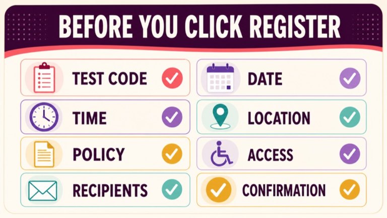 Pre-registration checklist for ETS Praxis SLP account test date policies and confirmation