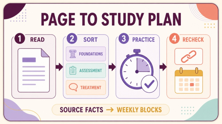 Study plan workflow that turns ETS Speech Language Pathology Praxis page details into weekly review blocks