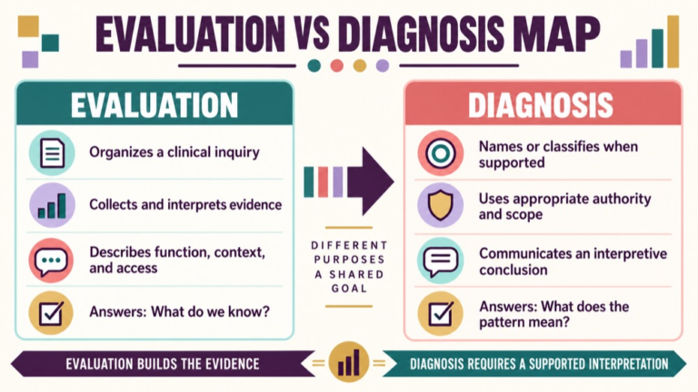 Evaluation vs diagnosis speech pathology concept map showing the core domains and clinical questions
