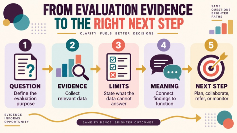 Evaluation vs diagnosis speech pathology infographic showing context, evidence, and proportionate next steps