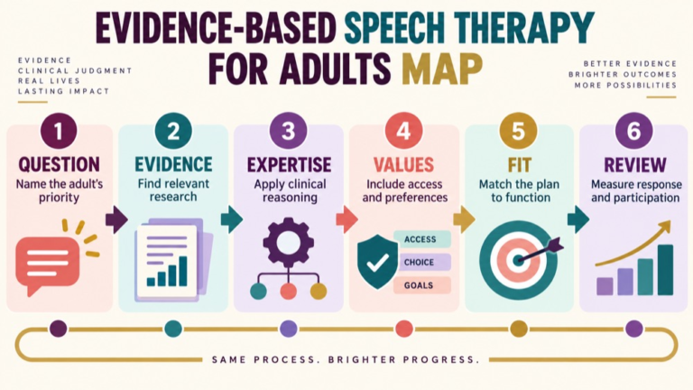 Evidence based speech therapy for adults concept map showing the core domains and clinical questions