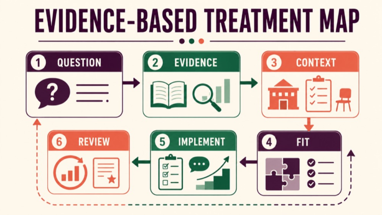 Evidence based treatment speech pathology concept map showing the core domains and clinical questions