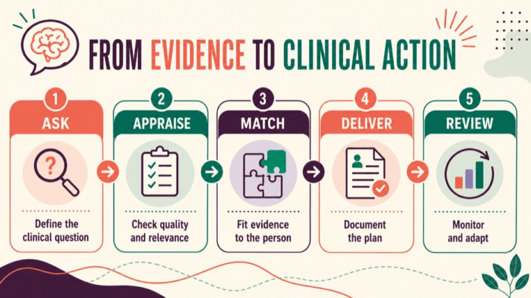Evidence based treatment speech pathology infographic showing context, evidence, and proportionate next steps