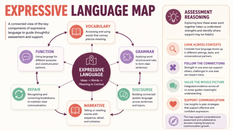 Expressive language assessment concept map showing the core domains and clinical questions