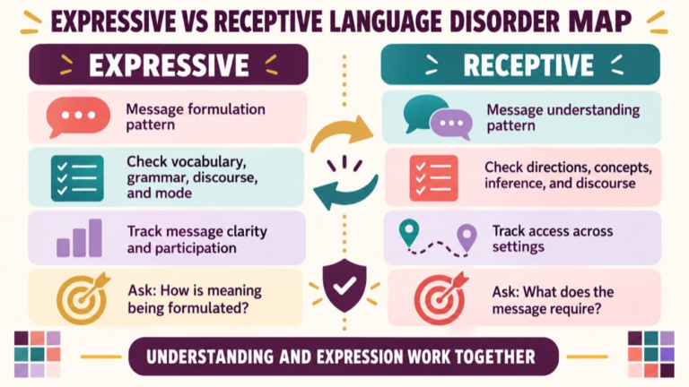 Expressive vs receptive language disorder concept map showing the core domains and clinical questions
