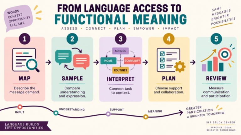 Expressive vs receptive language disorder infographic showing context, evidence, and proportionate next steps