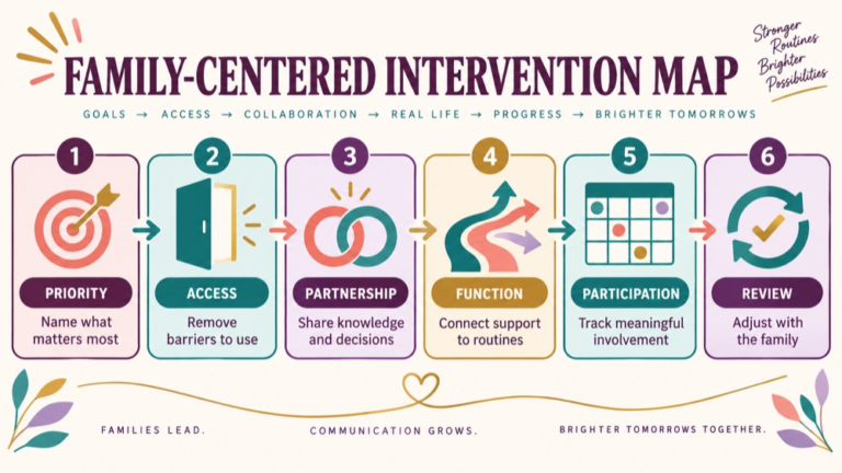 Family centered intervention concept map showing the core domains and clinical questions