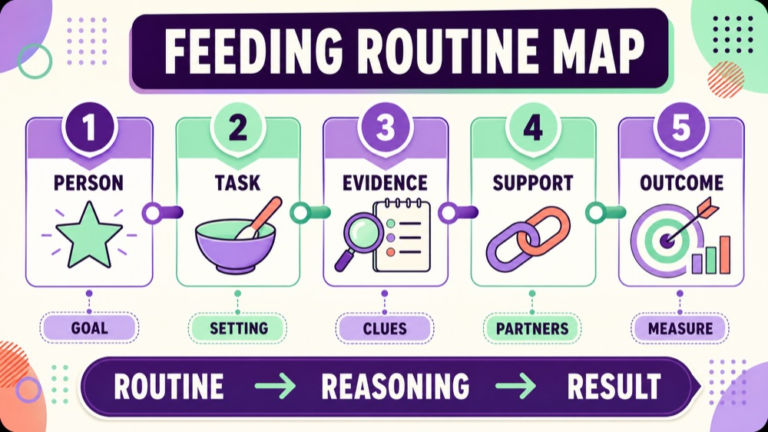 Feeding and Swallowing Praxis practice questions showing a person task evidence support outcome map