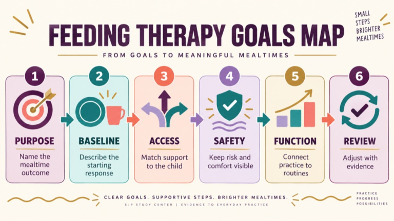 Feeding therapy goals concept map showing the core domains and clinical questions