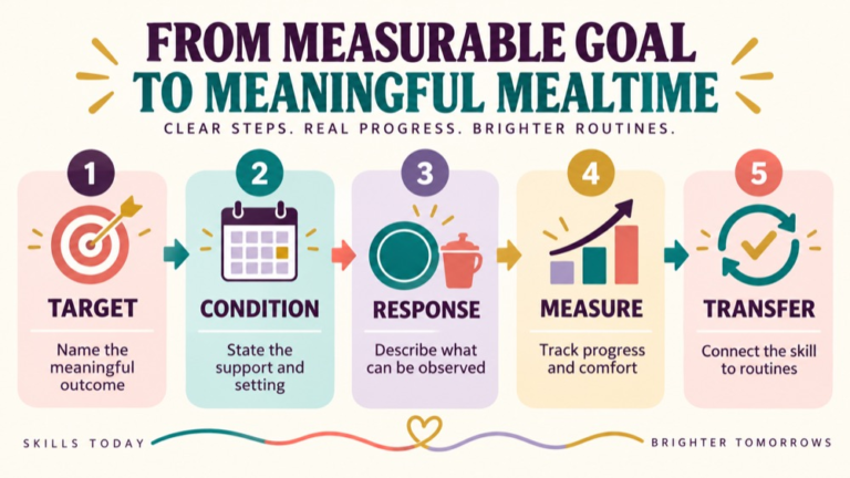 Feeding therapy goals infographic showing context, evidence, and proportionate next steps