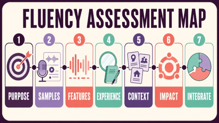 Fluency assessment tools concept map showing the core assessment domains and clinical questions