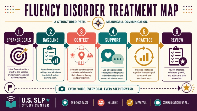 Fluency disorder treatment concept map showing the core domains and clinical questions