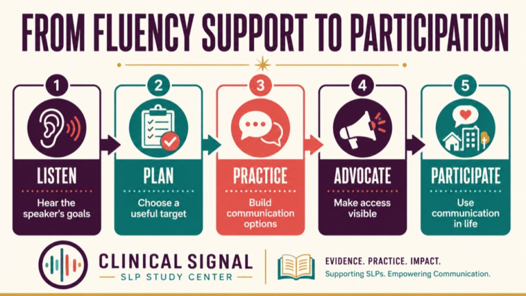 Fluency disorder treatment infographic showing context, evidence, and proportionate next steps