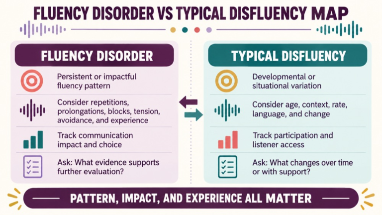 Fluency disorder vs typical disfluency concept map showing the core domains and clinical questions