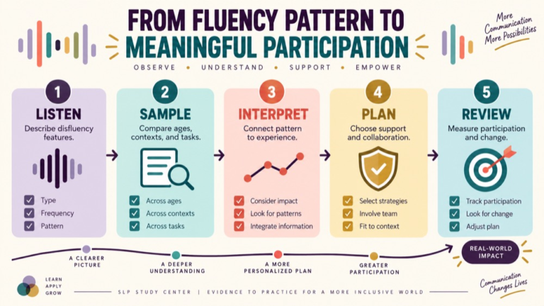 Fluency disorder vs typical disfluency infographic showing context, evidence, and proportionate next steps