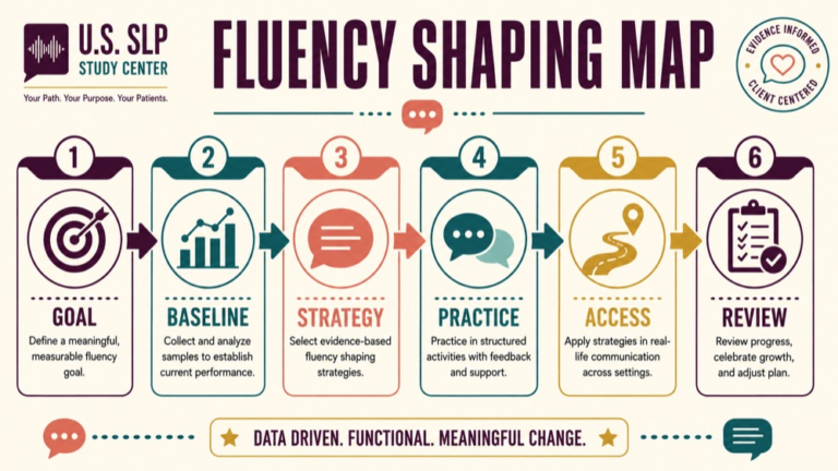 Fluency shaping concept map showing the core domains and clinical questions