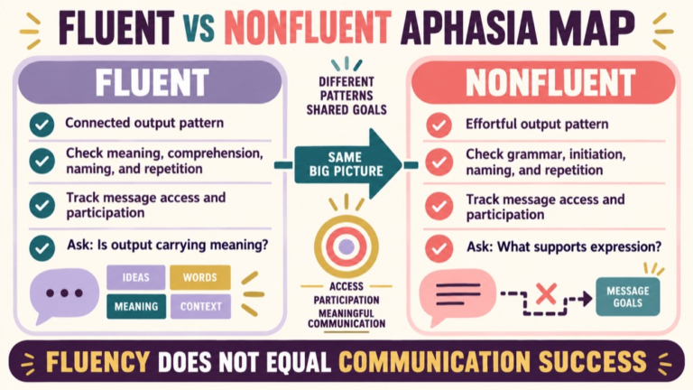 Fluent vs nonfluent aphasia concept map showing the core domains and clinical questions