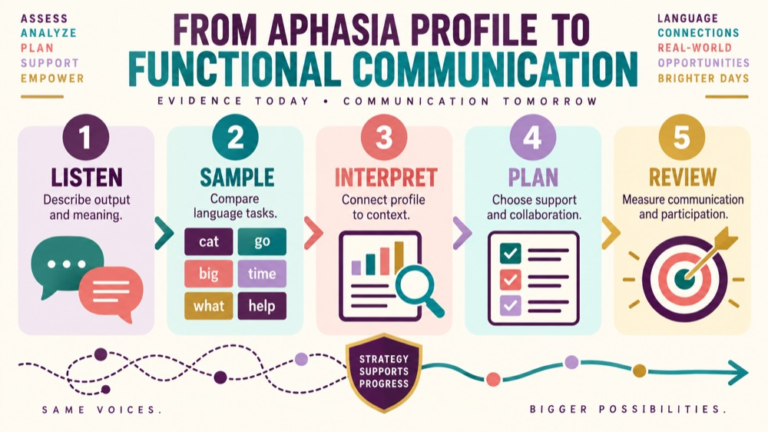 Fluent vs nonfluent aphasia infographic showing context, evidence, and proportionate next steps