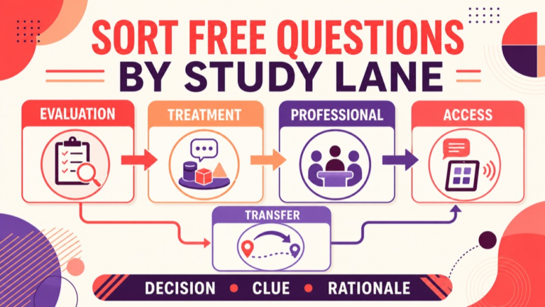Free speech language pathology Praxis questions infographic showing evaluation treatment professional and transfer study lanes