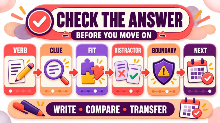 Free speech language pathology Praxis questions infographic showing an answer check for verb clue fit distractor boundary and next review