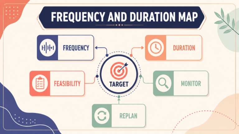 Frequency and duration speech therapy concept map showing the core domains and clinical questions