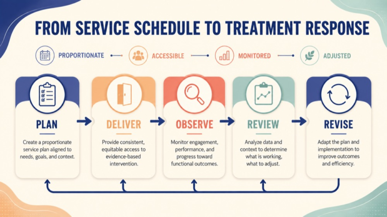 Frequency and duration speech therapy infographic showing context, evidence, and proportionate next steps