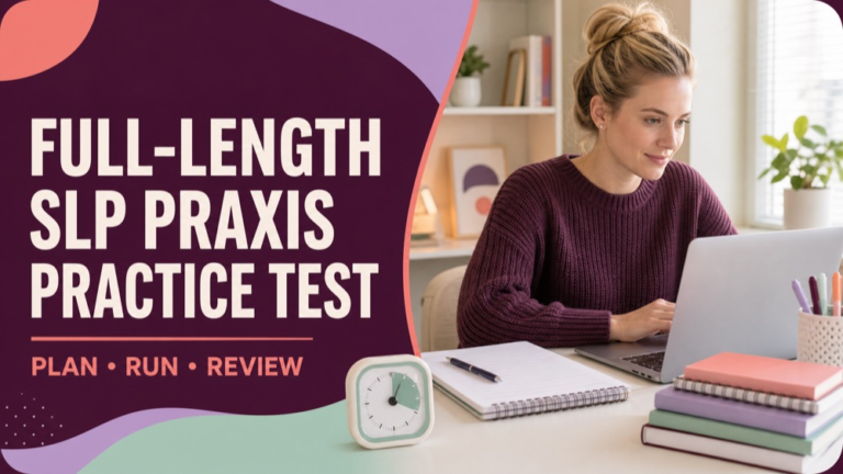 Full length SLP Praxis practice test setup with source timer space breaks and record